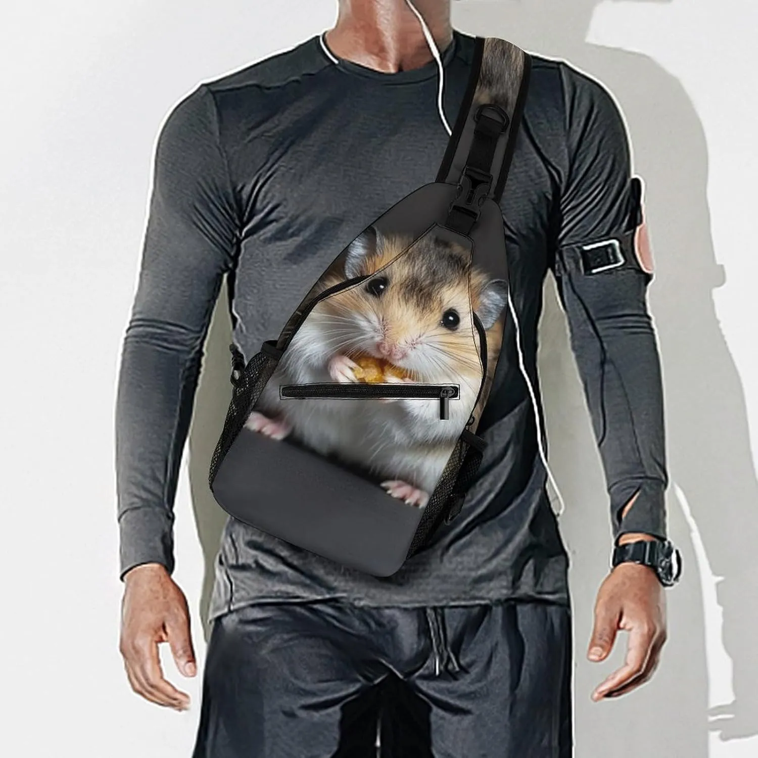 Men Women Crossbody Chest Bag, Gym Shoulder Bag with Adjustable Strap, Good Luck Hamster Large Sling Daypack for Hiking Sports Travel