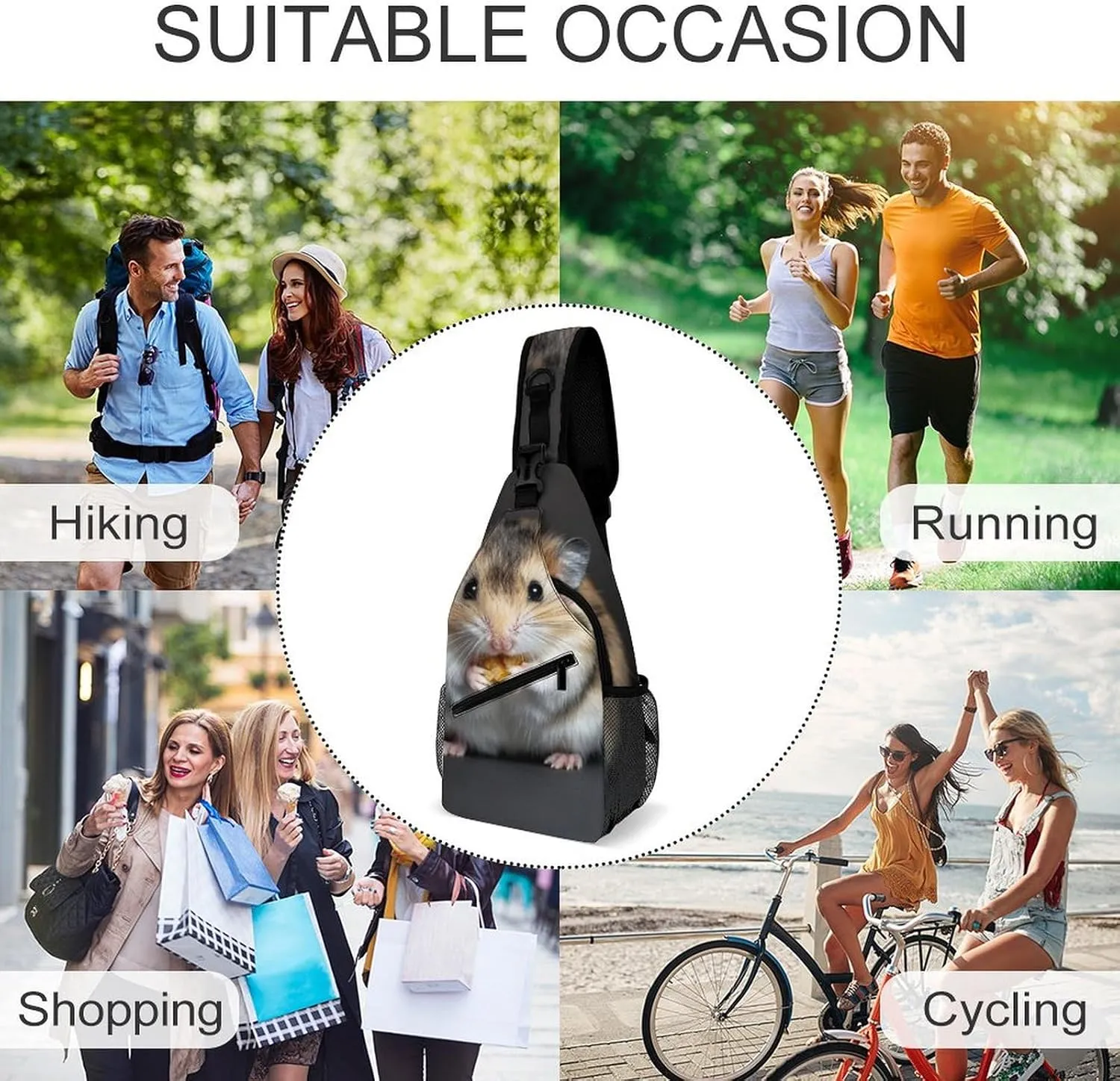 Men Women Crossbody Chest Bag, Gym Shoulder Bag with Adjustable Strap, Good Luck Hamster Large Sling Daypack for Hiking Sports Travel