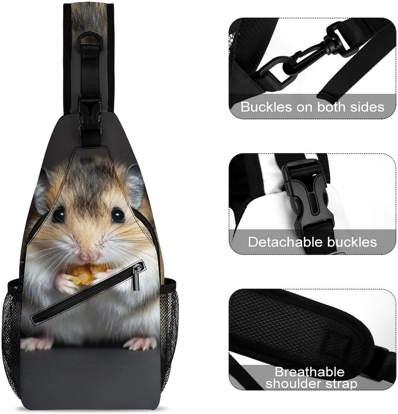 Men Women Crossbody Chest Bag, Gym Shoulder Bag with Adjustable Strap, Good Luck Hamster Large Sling Daypack for Hiking Sports Travel