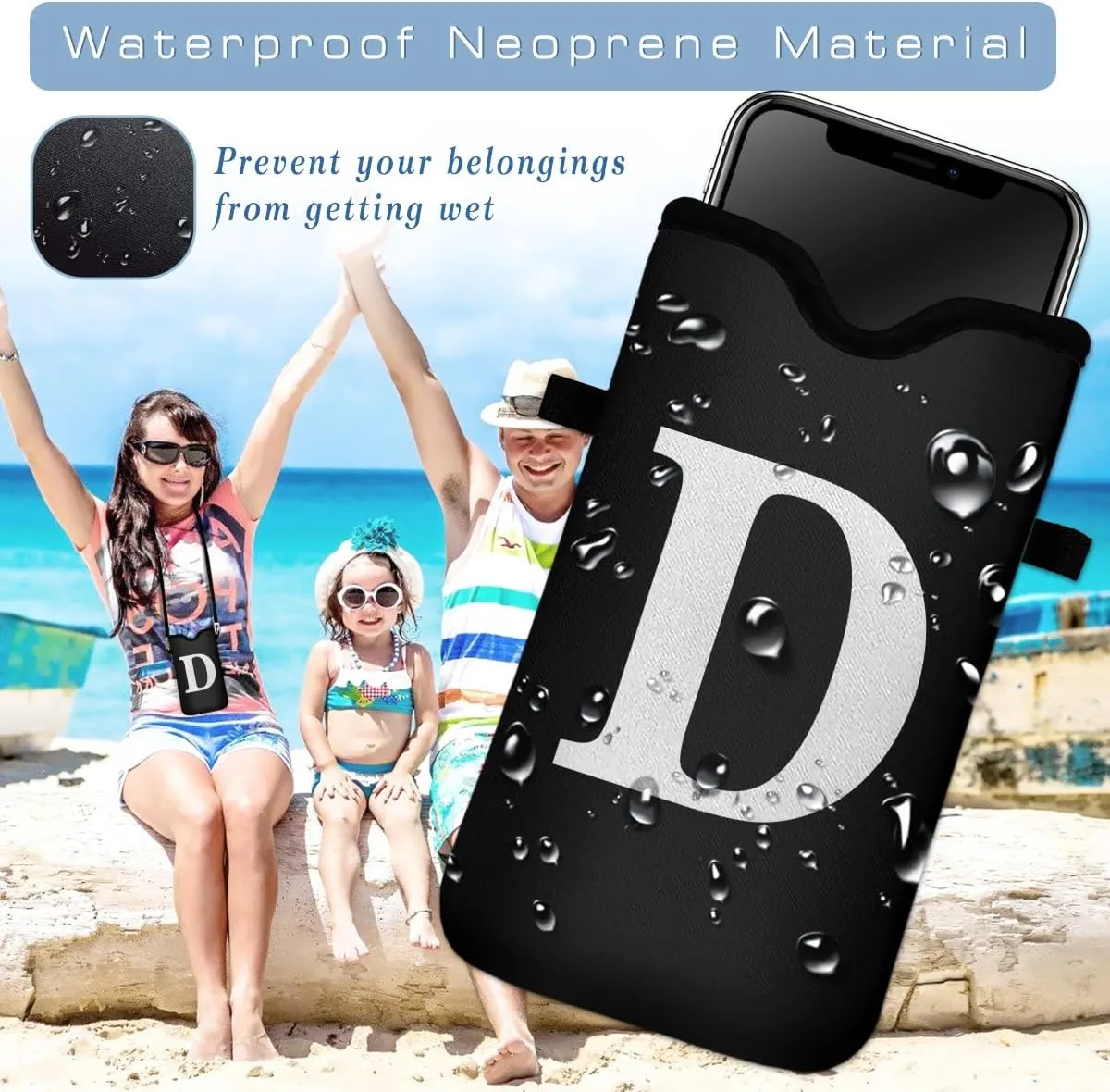 Men Women Universal Neoprene Cell Phone Pouch Sleeve 7.5 X 4.3 in Smart Mobile Protection Case Bag with Crossbody Strap/Neck Lanyard Privacy Case Covers Letter D