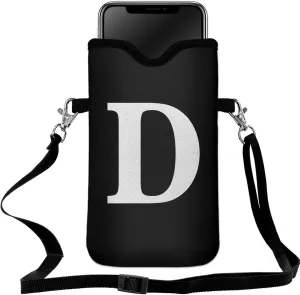 Men Women Universal Neoprene Cell Phone Pouch Sleeve 7.5 X 4.3 in Smart Mobile Protection Case Bag with Crossbody Strap/Neck Lanyard Privacy Case Covers Letter D
