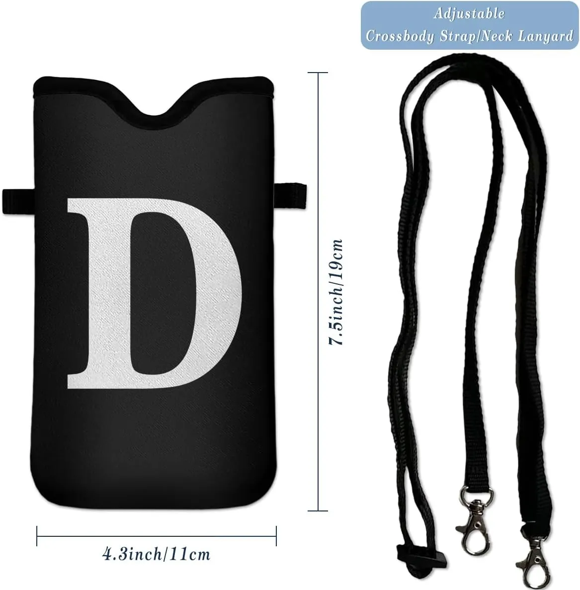 Men Women Universal Neoprene Cell Phone Pouch Sleeve 7.5 X 4.3 in Smart Mobile Protection Case Bag with Crossbody Strap/Neck Lanyard Privacy Case Covers Letter D