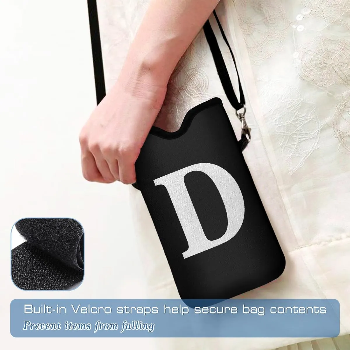 Men Women Universal Neoprene Cell Phone Pouch Sleeve 7.5 X 4.3 in Smart Mobile Protection Case Bag with Crossbody Strap/Neck Lanyard Privacy Case Covers Letter D