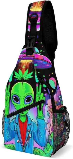 Mens Casual Sling Shoulder Bag, Large Crossbody Bag with Adjustable Strap Trippy Alien Ufo Art Chest Daypack for Hiking Gym Sport