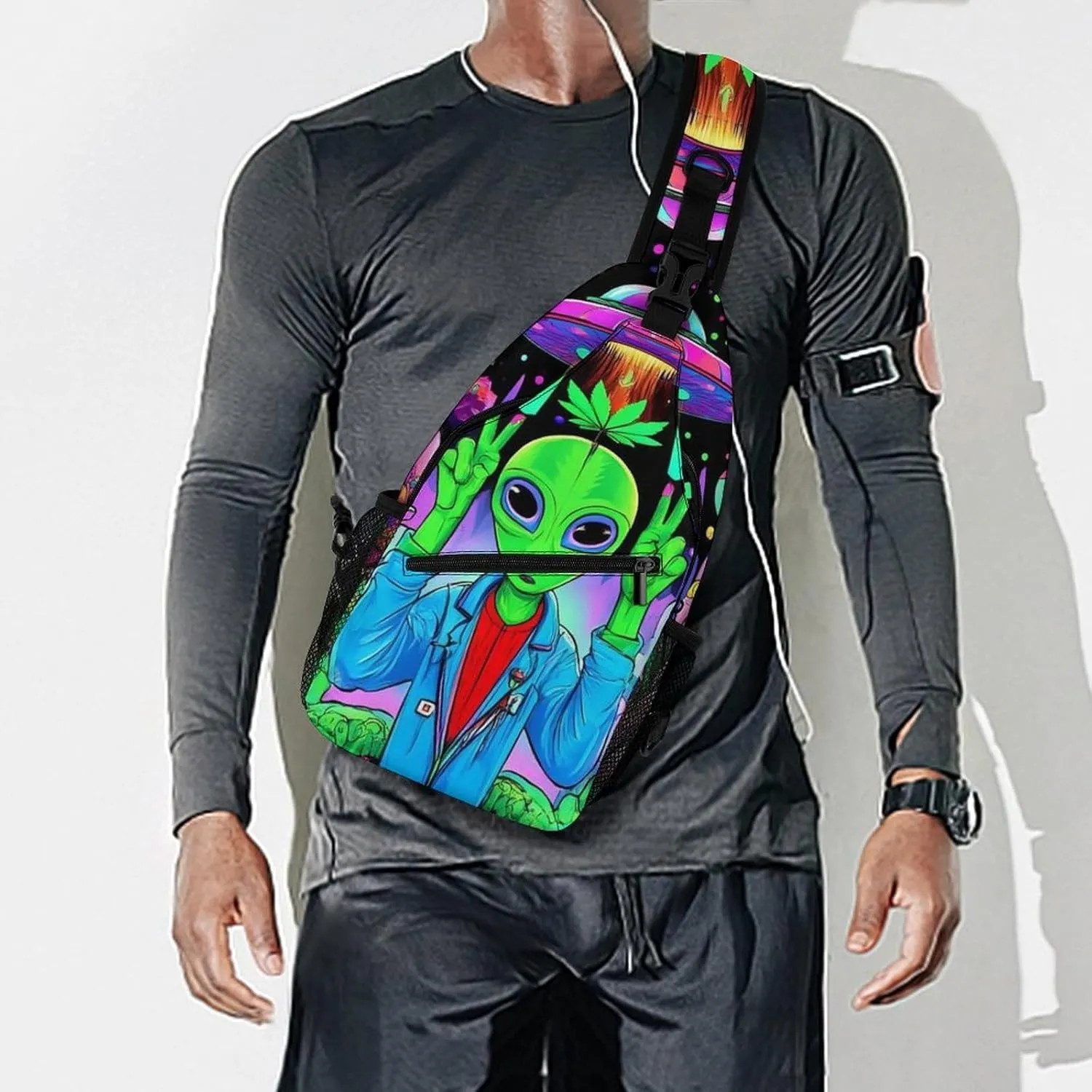 Mens Casual Sling Shoulder Bag, Large Crossbody Bag with Adjustable Strap Trippy Alien Ufo Art Chest Daypack for Hiking Gym Sport