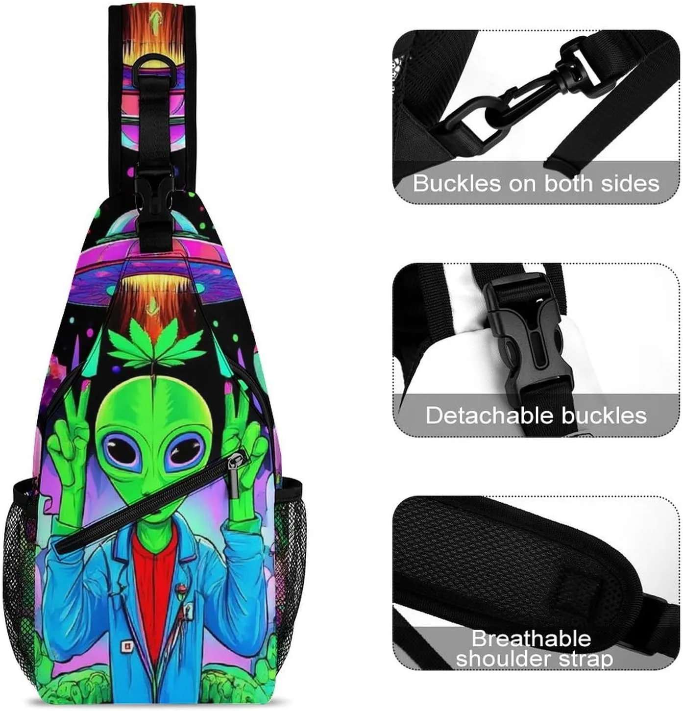 Mens Casual Sling Shoulder Bag, Large Crossbody Bag with Adjustable Strap Trippy Alien Ufo Art Chest Daypack for Hiking Gym Sport