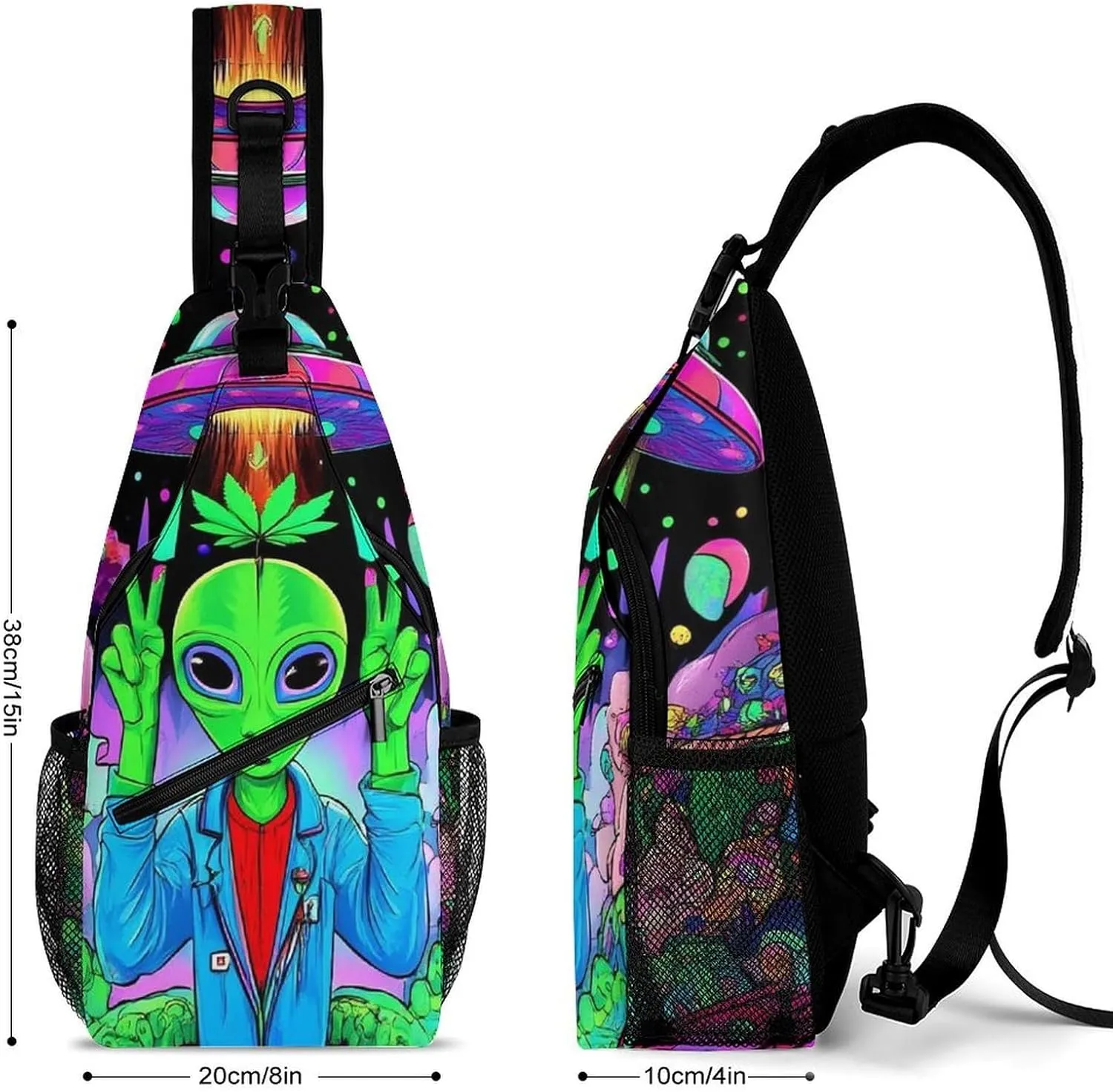 Mens Casual Sling Shoulder Bag, Large Crossbody Bag with Adjustable Strap Trippy Alien Ufo Art Chest Daypack for Hiking Gym Sport