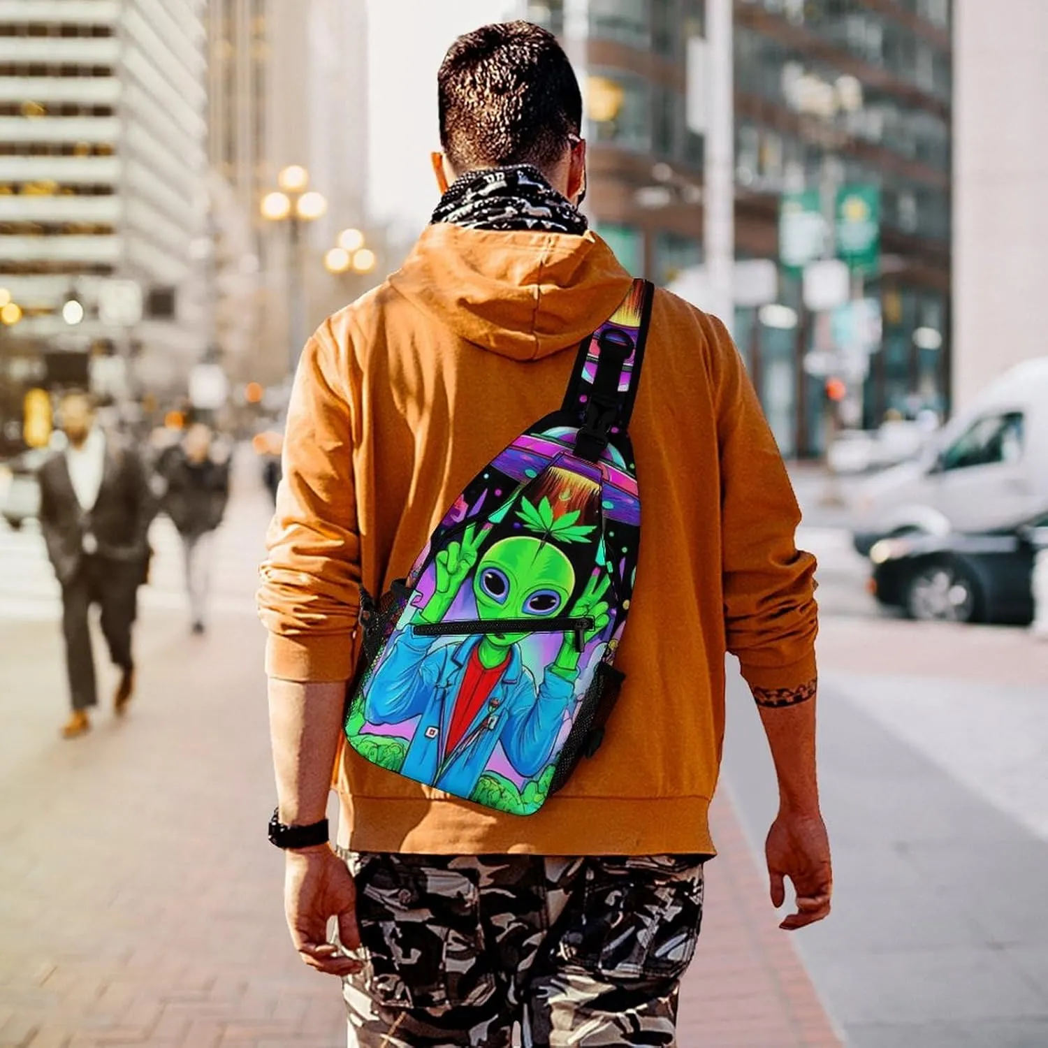 Mens Casual Sling Shoulder Bag, Large Crossbody Bag with Adjustable Strap Trippy Alien Ufo Art Chest Daypack for Hiking Gym Sport