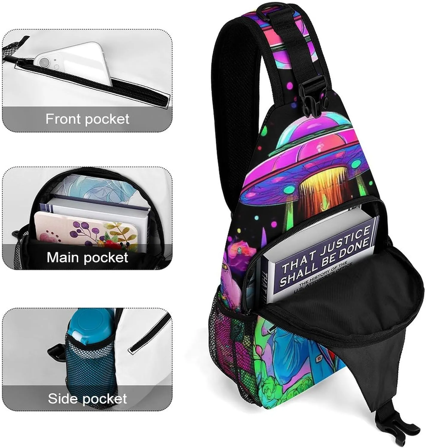 Mens Casual Sling Shoulder Bag, Large Crossbody Bag with Adjustable Strap Trippy Alien Ufo Art Chest Daypack for Hiking Gym Sport