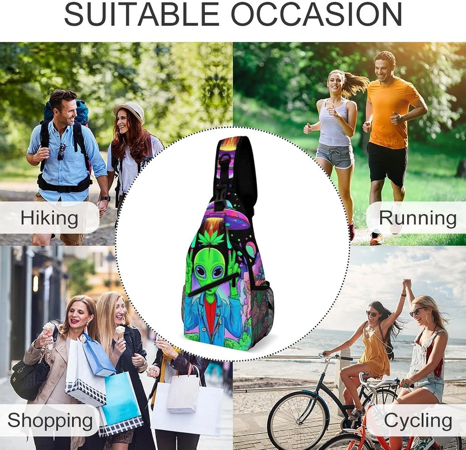 Mens Casual Sling Shoulder Bag, Large Crossbody Bag with Adjustable Strap Trippy Alien Ufo Art Chest Daypack for Hiking Gym Sport
