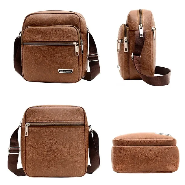 Men's Crossbody Bag Shoulder Bag Satchel PU Leather Outdoor Daily Holiday Buttons Zipper Large Capacity Waterproof Lightweight Solid Color Yellow brown Black Brown