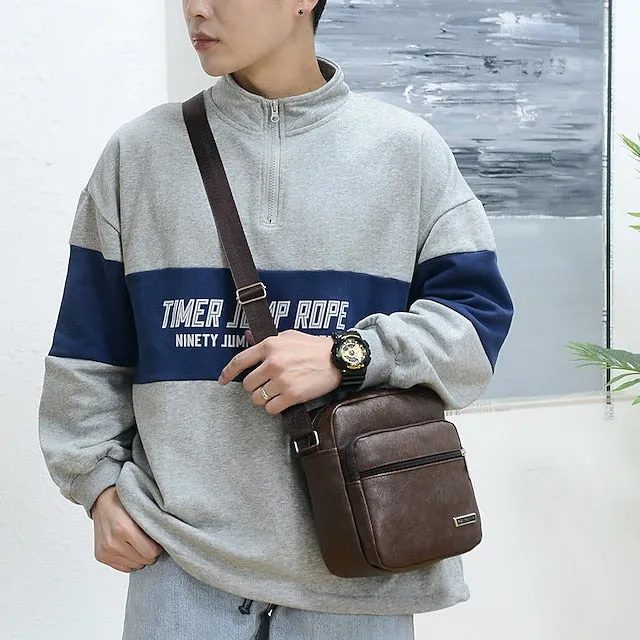 Men's Crossbody Bag Shoulder Bag Satchel PU Leather Outdoor Daily Holiday Buttons Zipper Large Capacity Waterproof Lightweight Solid Color Yellow brown Black Brown
