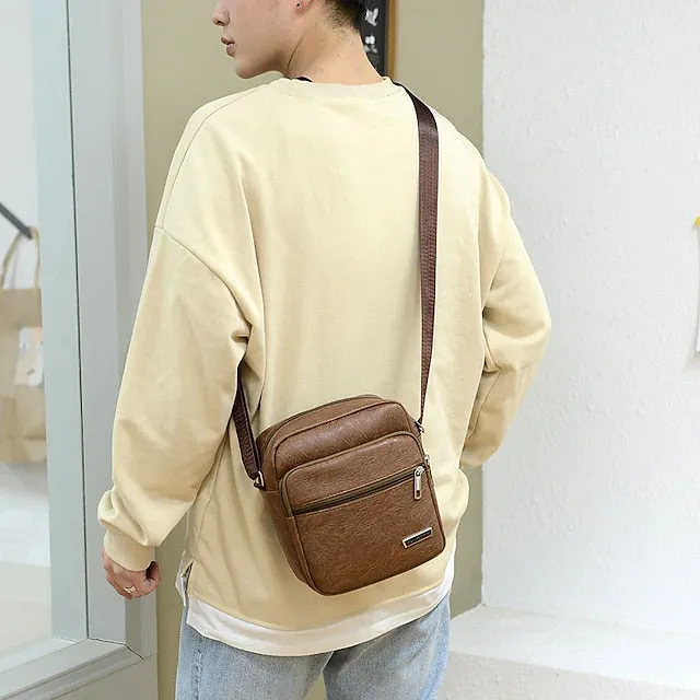 Men's Crossbody Bag Shoulder Bag Satchel PU Leather Outdoor Daily Holiday Buttons Zipper Large Capacity Waterproof Lightweight Solid Color Yellow brown Black Brown