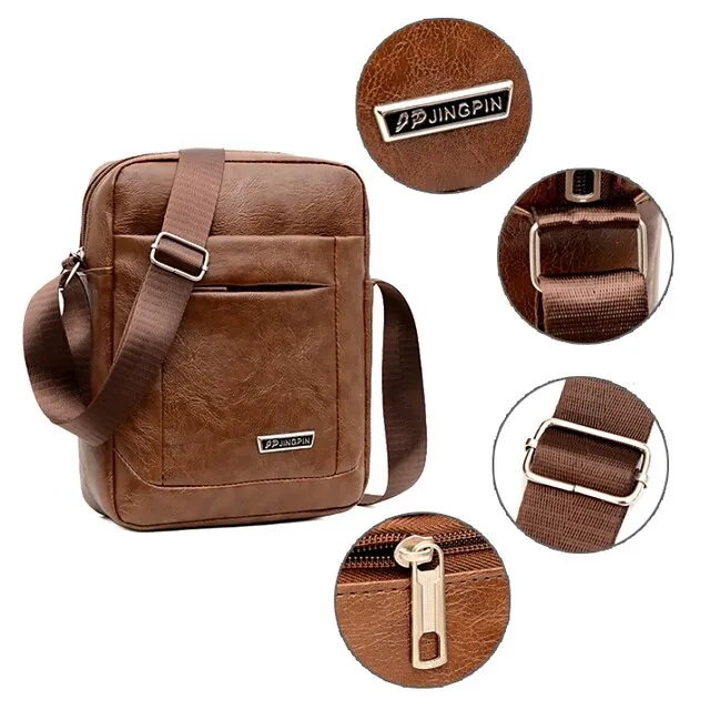 Men's Crossbody Bag Shoulder Bag Satchel PU Leather Outdoor Daily Zipper Large Capacity Waterproof Lightweight Solid Color Yellow brown Black Brown