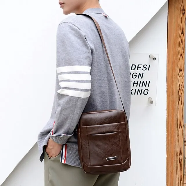 Men's Crossbody Bag Shoulder Bag Satchel PU Leather Outdoor Daily Zipper Large Capacity Waterproof Lightweight Solid Color Yellow brown Black Brown