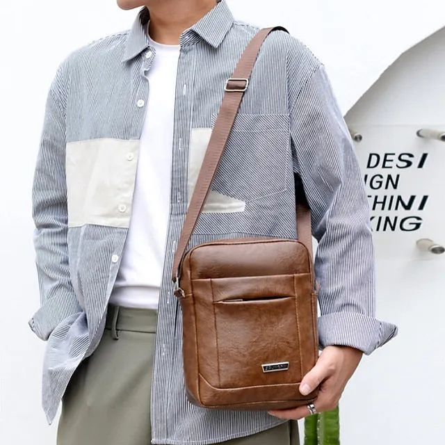Men's Crossbody Bag Shoulder Bag Satchel PU Leather Outdoor Daily Zipper Large Capacity Waterproof Lightweight Solid Color Yellow brown Black Brown
