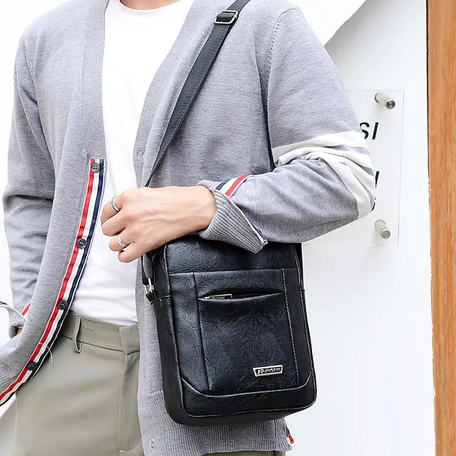 Men's Crossbody Bag Shoulder Bag Satchel PU Leather Outdoor Daily Zipper Large Capacity Waterproof Lightweight Solid Color Yellow brown Black Brown