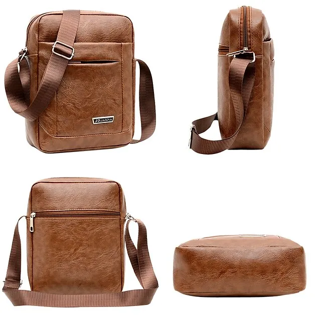 Men's Crossbody Bag Shoulder Bag Satchel PU Leather Outdoor Daily Zipper Large Capacity Waterproof Lightweight Solid Color Yellow brown Black Brown