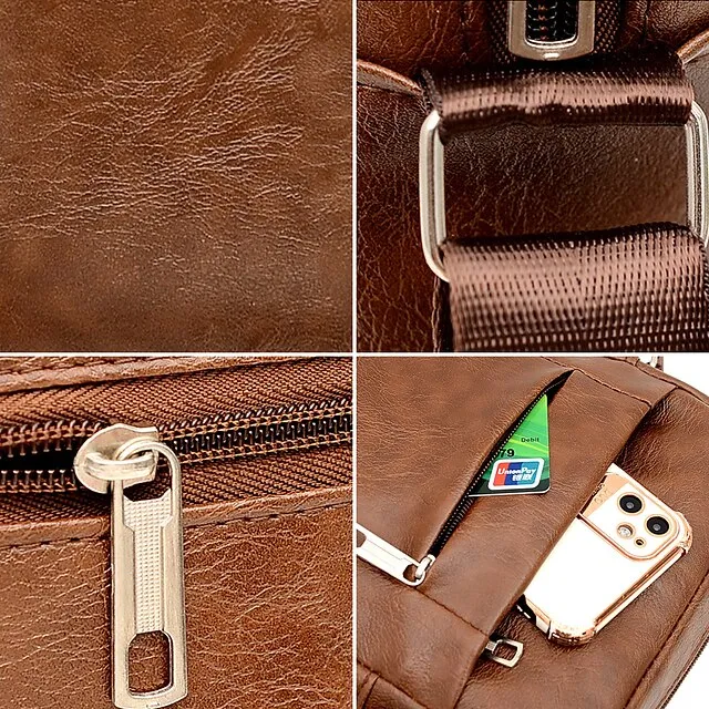 Men's Crossbody Bag Shoulder Bag Satchel PU Leather Outdoor Daily Zipper Large Capacity Waterproof Lightweight Solid Color Yellow brown Black Brown
