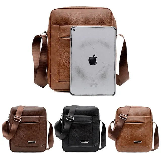 Men's Crossbody Bag Shoulder Bag Satchel PU Leather Outdoor Daily Zipper Large Capacity Waterproof Lightweight Solid Color Yellow brown Black Brown