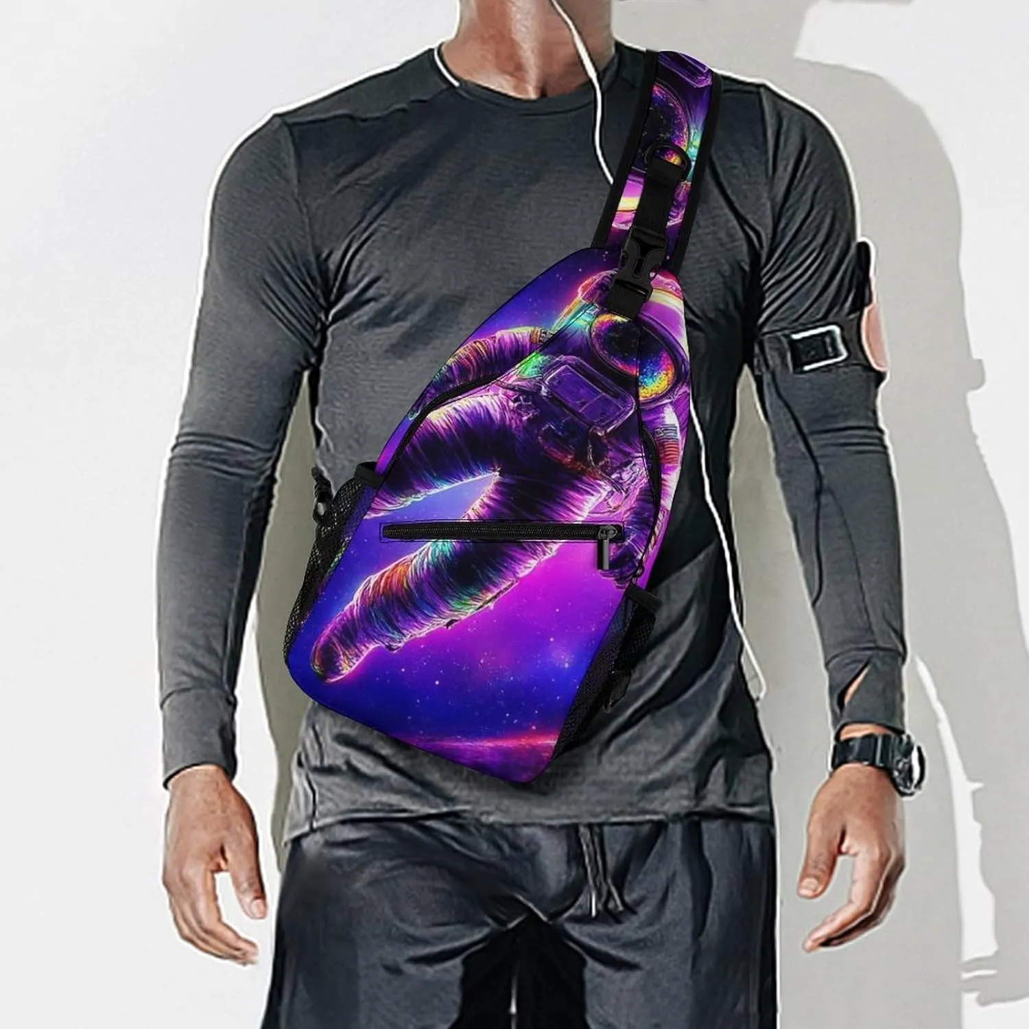 Mens Crossbody Shoulder Bag, Large Capacity Sling Bag with Adjustable Strap Space Purple Galaxy Trippy Astronaut Art Causal Chest Daypack for Sport Gym Hiking