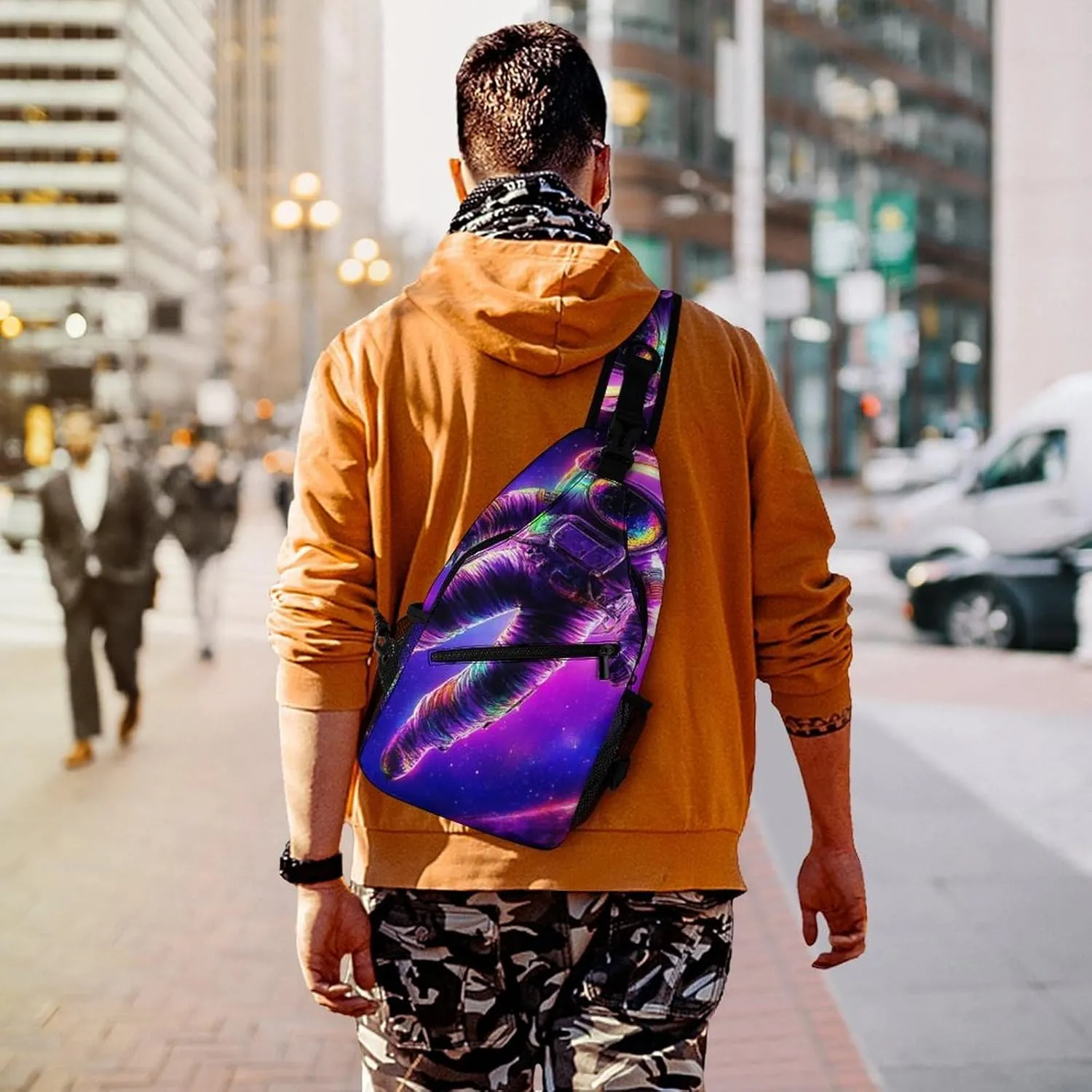 Mens Crossbody Shoulder Bag, Large Capacity Sling Bag with Adjustable Strap Space Purple Galaxy Trippy Astronaut Art Causal Chest Daypack for Sport Gym Hiking