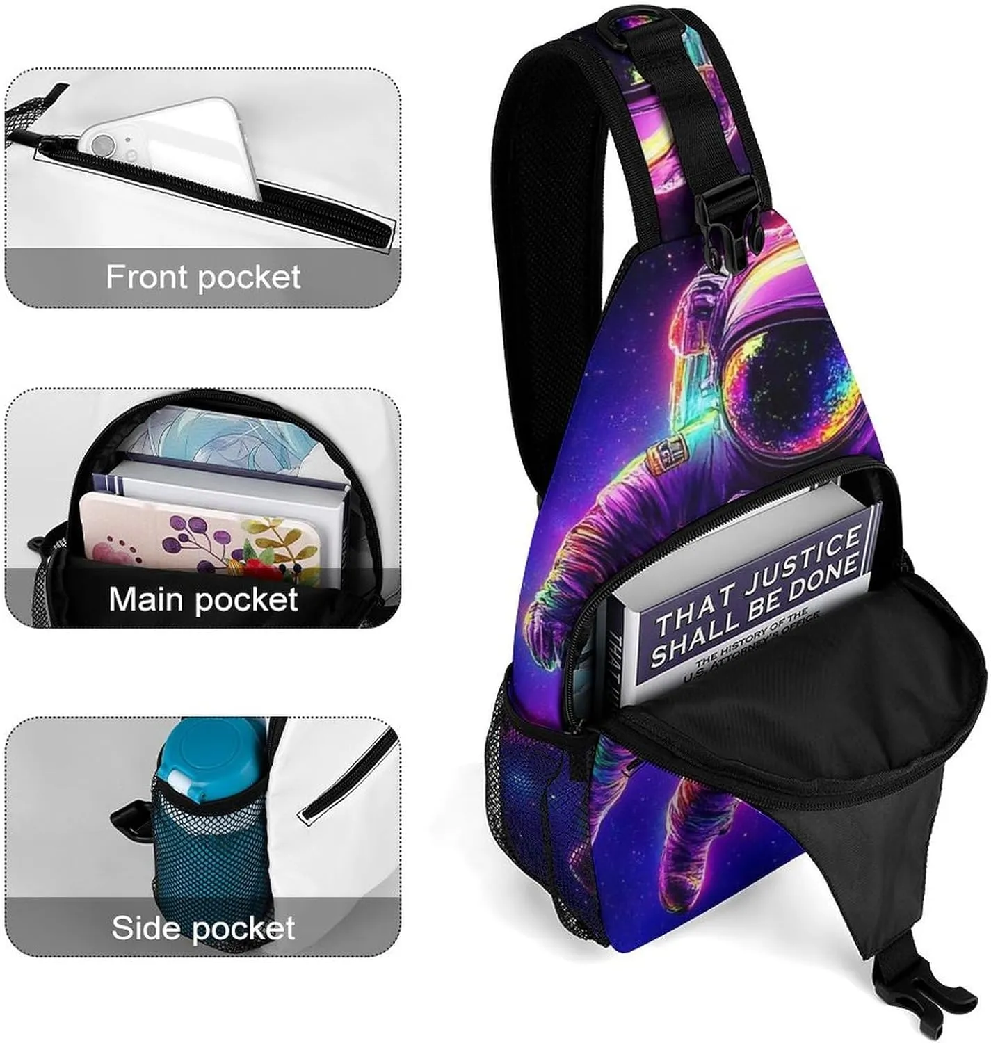 Mens Crossbody Shoulder Bag, Large Capacity Sling Bag with Adjustable Strap Space Purple Galaxy Trippy Astronaut Art Causal Chest Daypack for Sport Gym Hiking