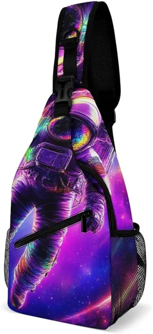 Mens Crossbody Shoulder Bag, Large Capacity Sling Bag with Adjustable Strap Space Purple Galaxy Trippy Astronaut Art Causal Chest Daypack for Sport Gym Hiking
