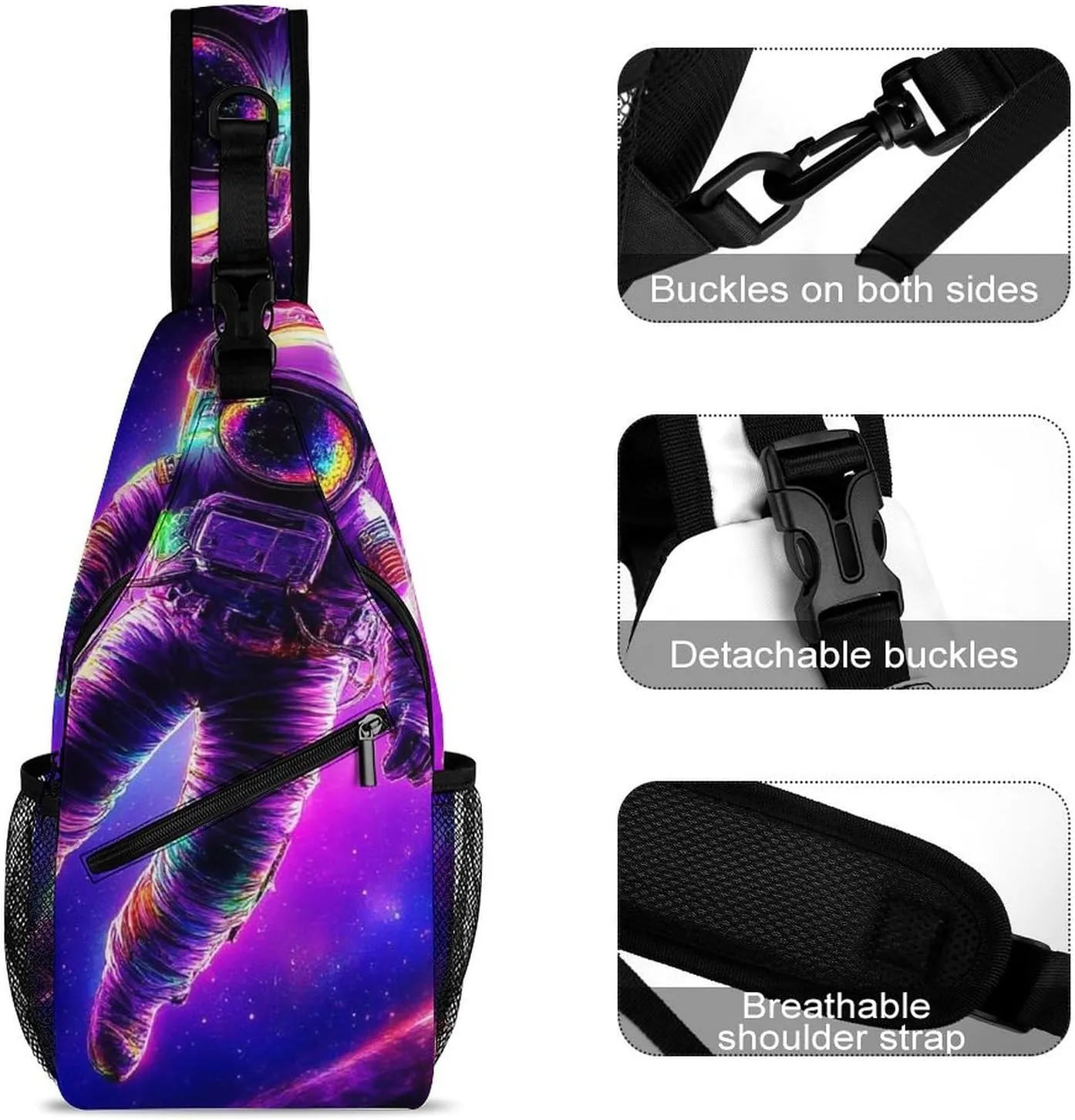 Mens Crossbody Shoulder Bag, Large Capacity Sling Bag with Adjustable Strap Space Purple Galaxy Trippy Astronaut Art Causal Chest Daypack for Sport Gym Hiking