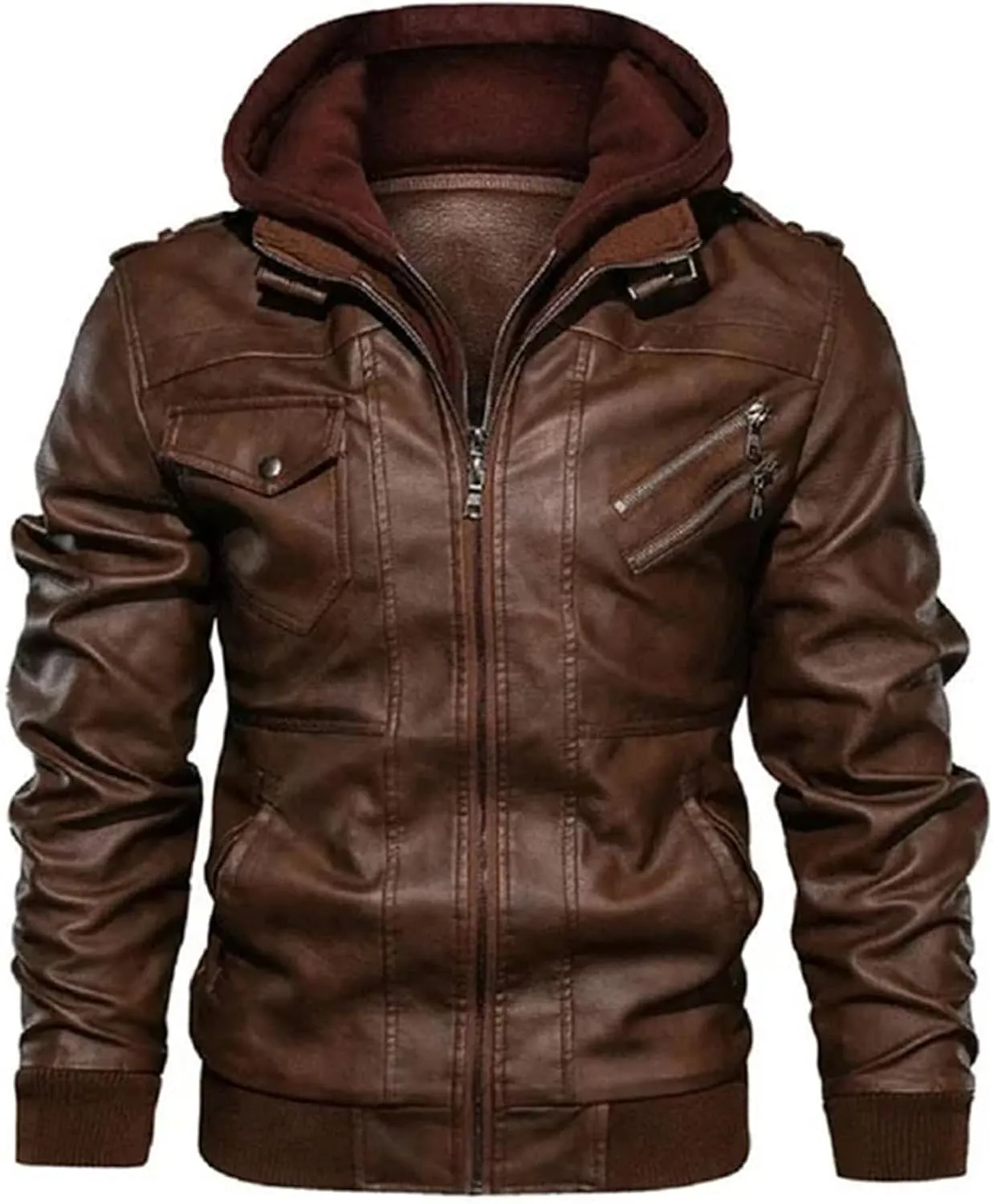 Men's Lapel Zipper Hooded Leather Jacket Casual Motorcycle Rider Leather Jacket With Multiple Pockets