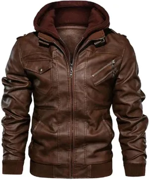 Men's Lapel Zipper Hooded Leather Jacket Casual Motorcycle Rider Leather Jacket With Multiple Pockets
