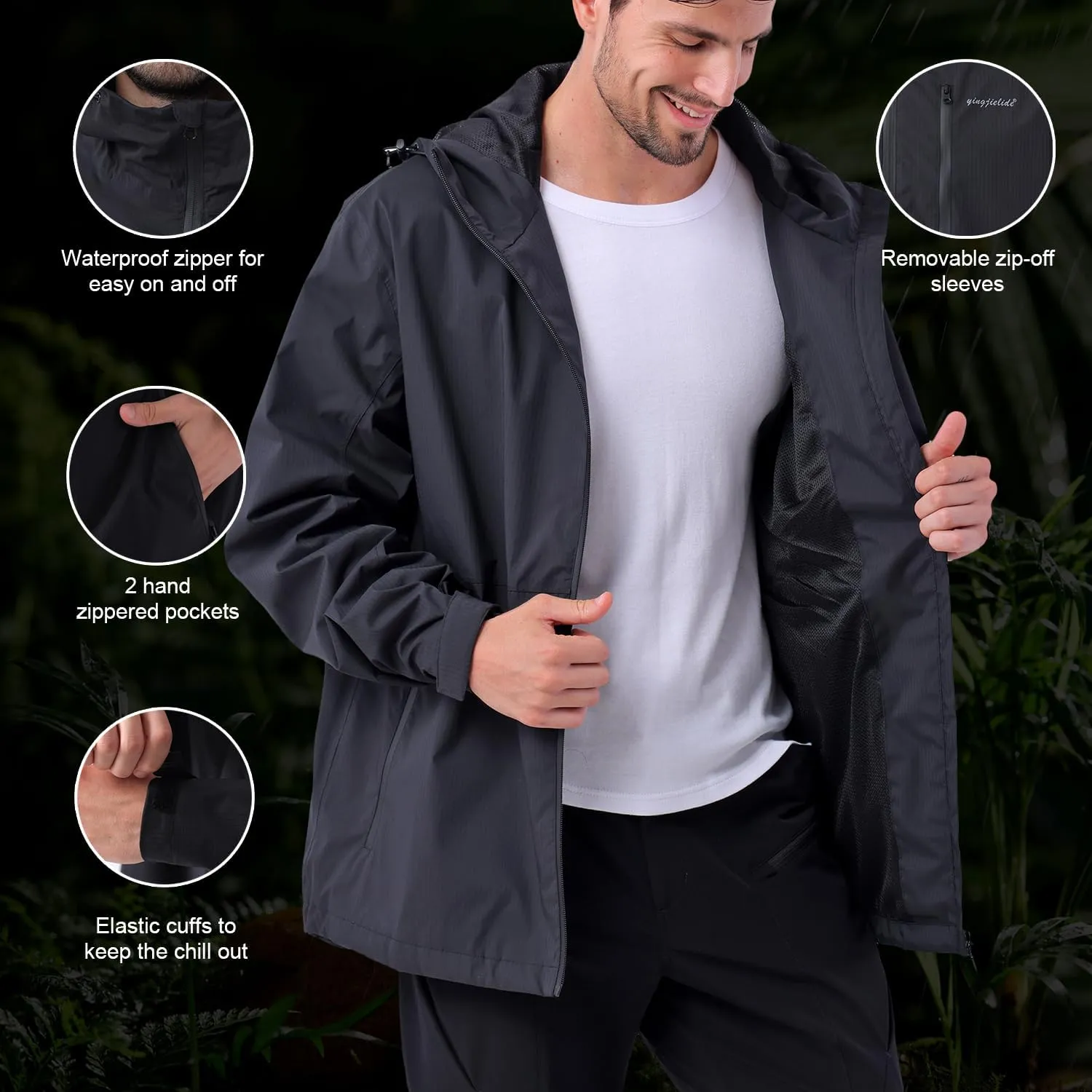 Men's Lightweight Waterproof Sports Zip Hoodie Rain Jacket, Cycling Windbreaker Pullover Coats, Breathable Coat