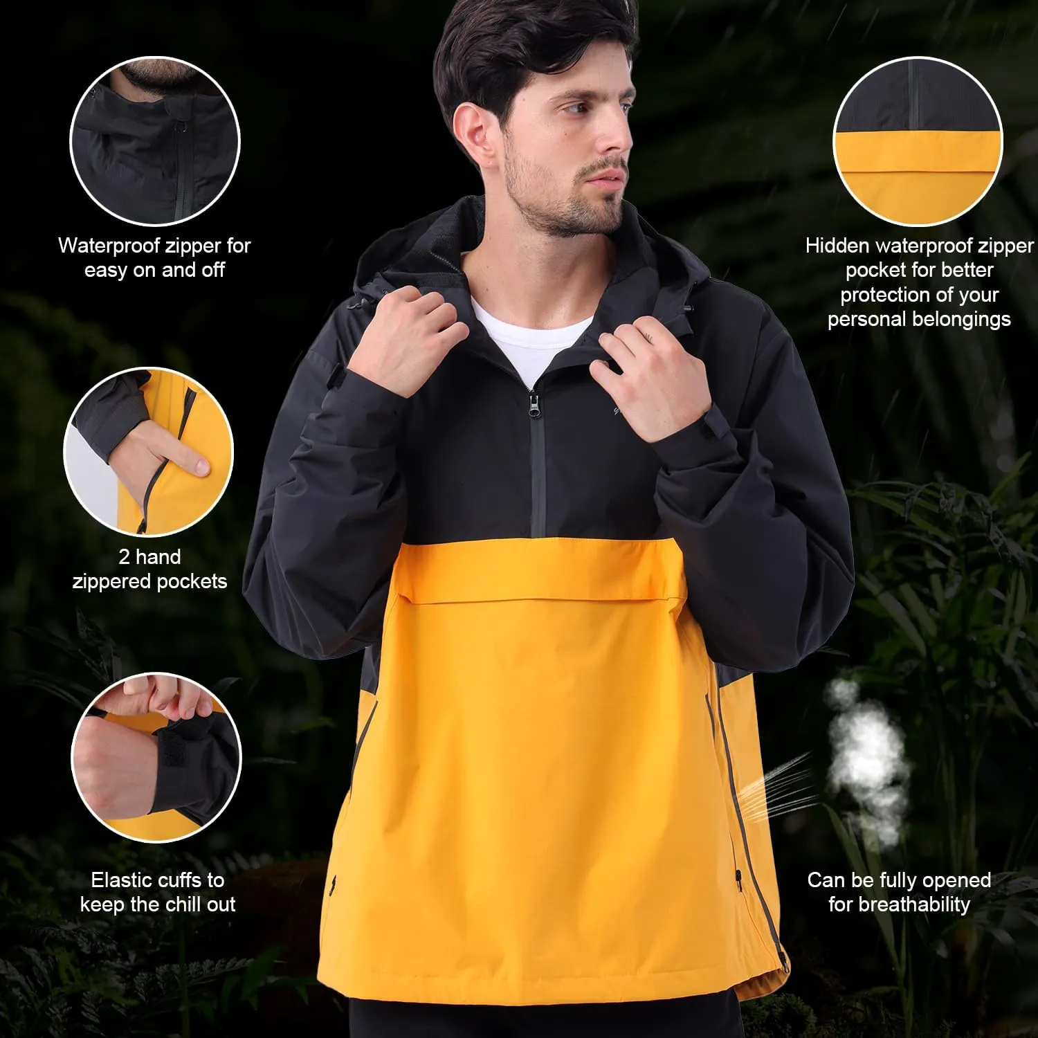 Men's Lightweight Waterproof Sports Zip Hoodie Rain Jacket, Cycling Windbreaker Pullover Coats, Breathable Coat