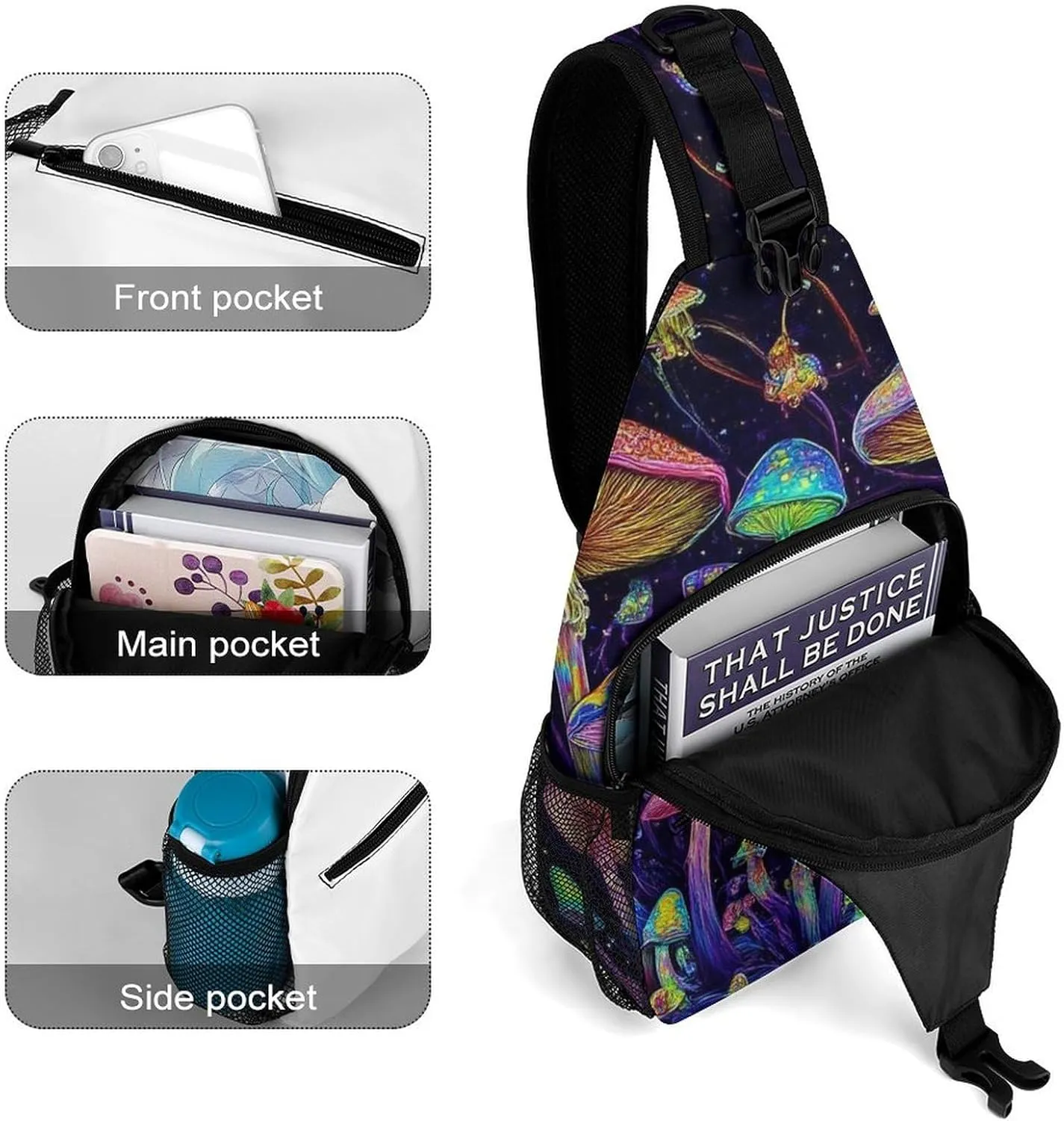 Mens Travel Crossbody Sling Backpack Trippy Mushrooms Art Gym Chest Bag Large Capacity Shoulder Bag Casual Daypack for Sport Hiking