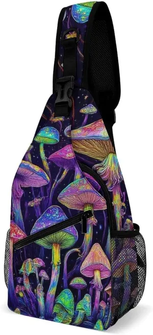 Mens Travel Crossbody Sling Backpack Trippy Mushrooms Art Gym Chest Bag Large Capacity Shoulder Bag Casual Daypack for Sport Hiking
