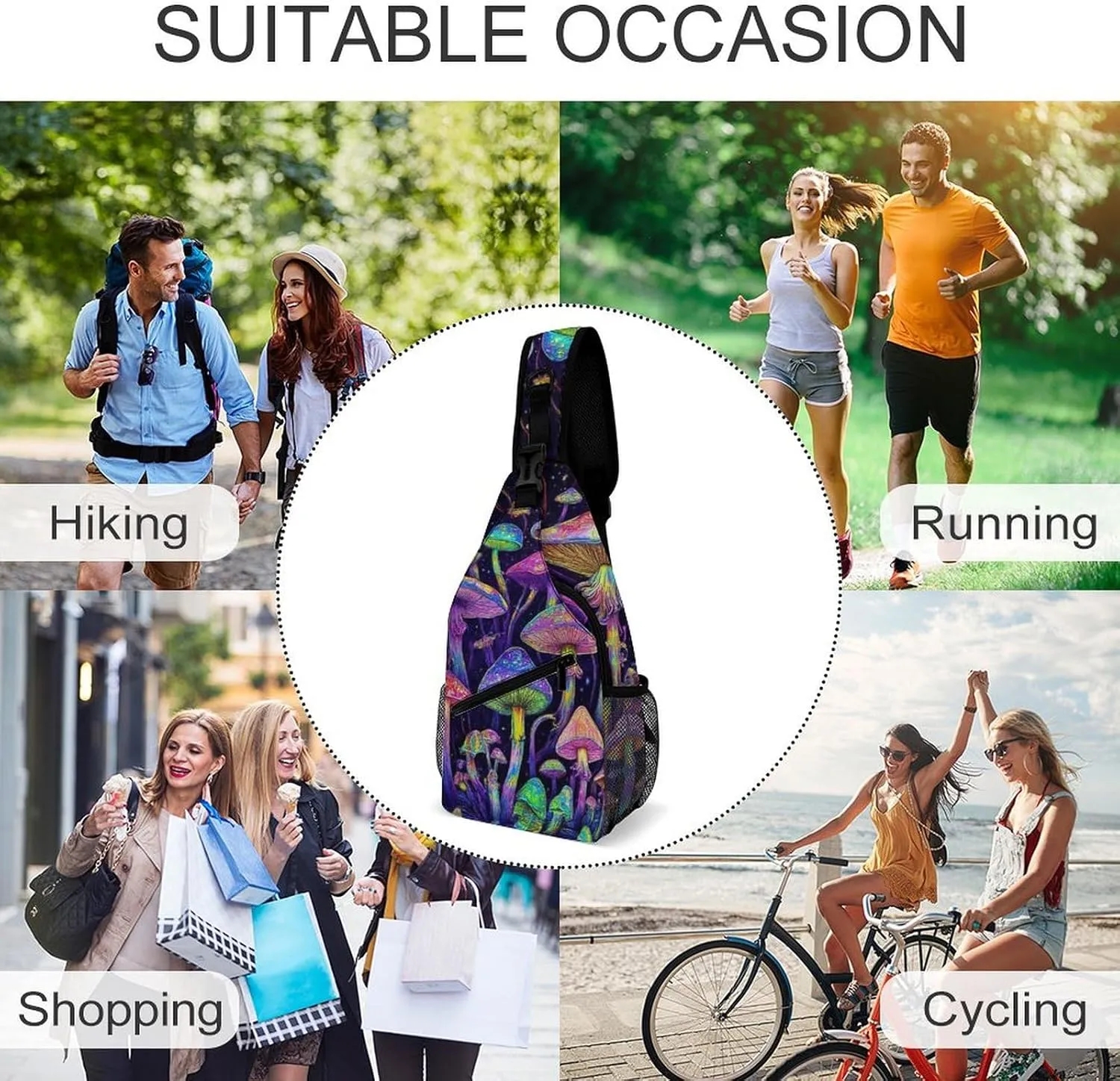 Mens Travel Crossbody Sling Backpack Trippy Mushrooms Art Gym Chest Bag Large Capacity Shoulder Bag Casual Daypack for Sport Hiking