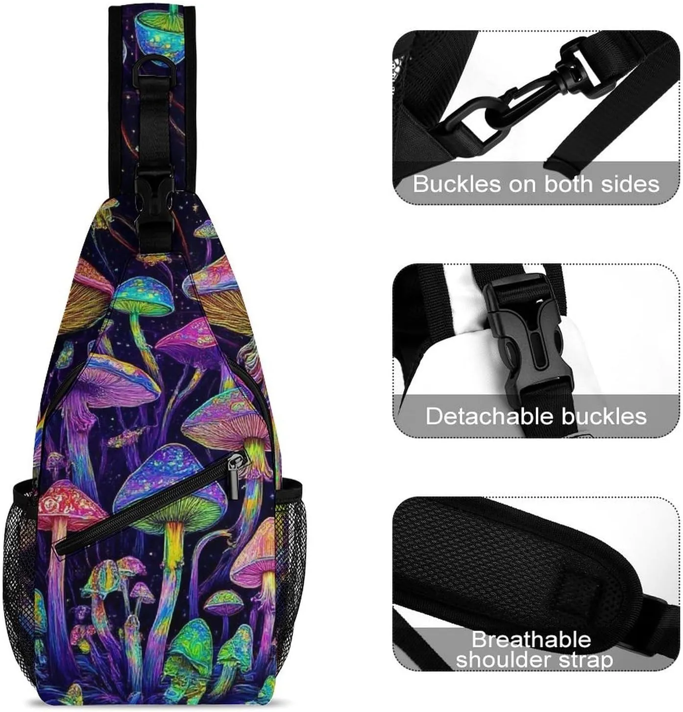 Mens Travel Crossbody Sling Backpack Trippy Mushrooms Art Gym Chest Bag Large Capacity Shoulder Bag Casual Daypack for Sport Hiking