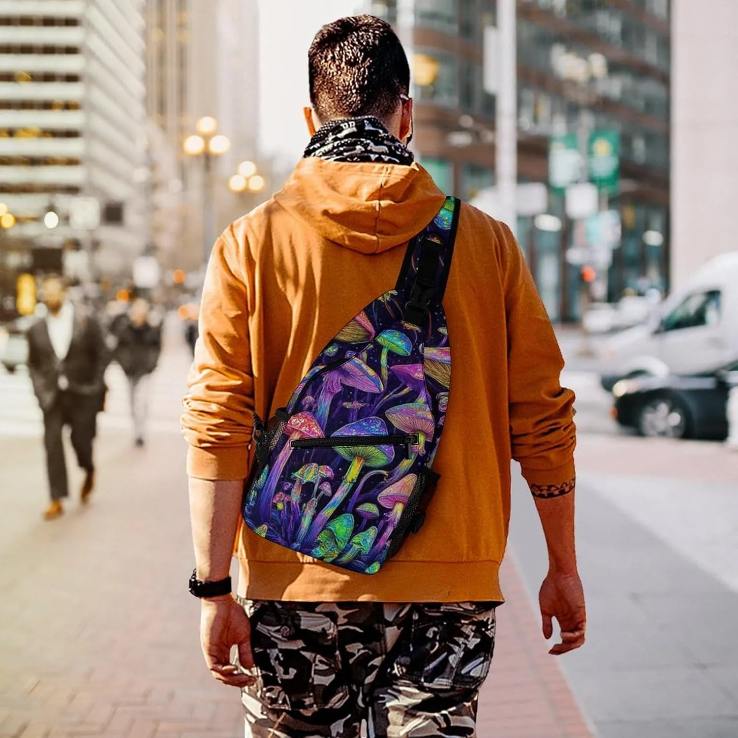 Mens Travel Crossbody Sling Backpack Trippy Mushrooms Art Gym Chest Bag Large Capacity Shoulder Bag Casual Daypack for Sport Hiking