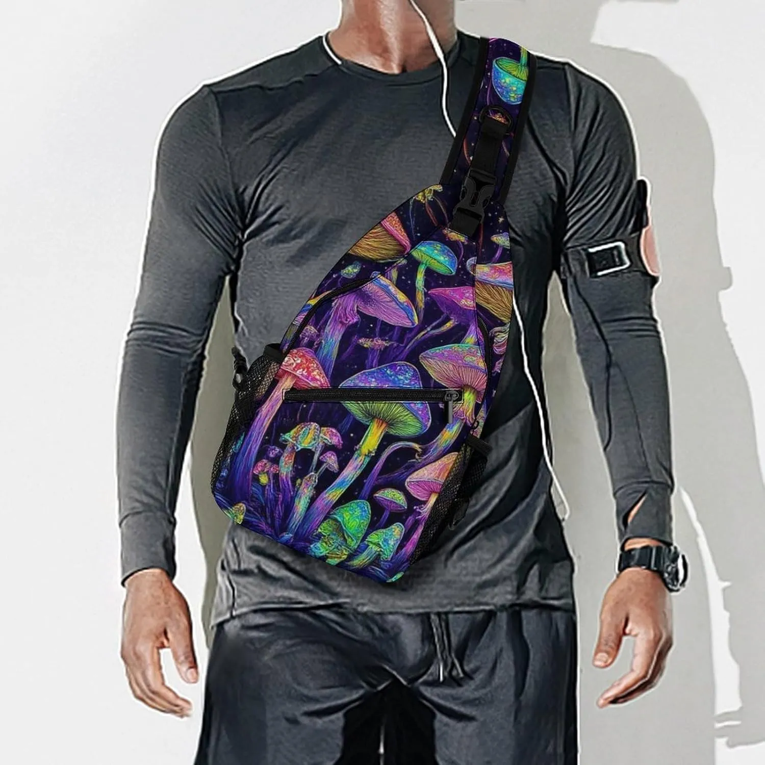 Mens Travel Crossbody Sling Backpack Trippy Mushrooms Art Gym Chest Bag Large Capacity Shoulder Bag Casual Daypack for Sport Hiking