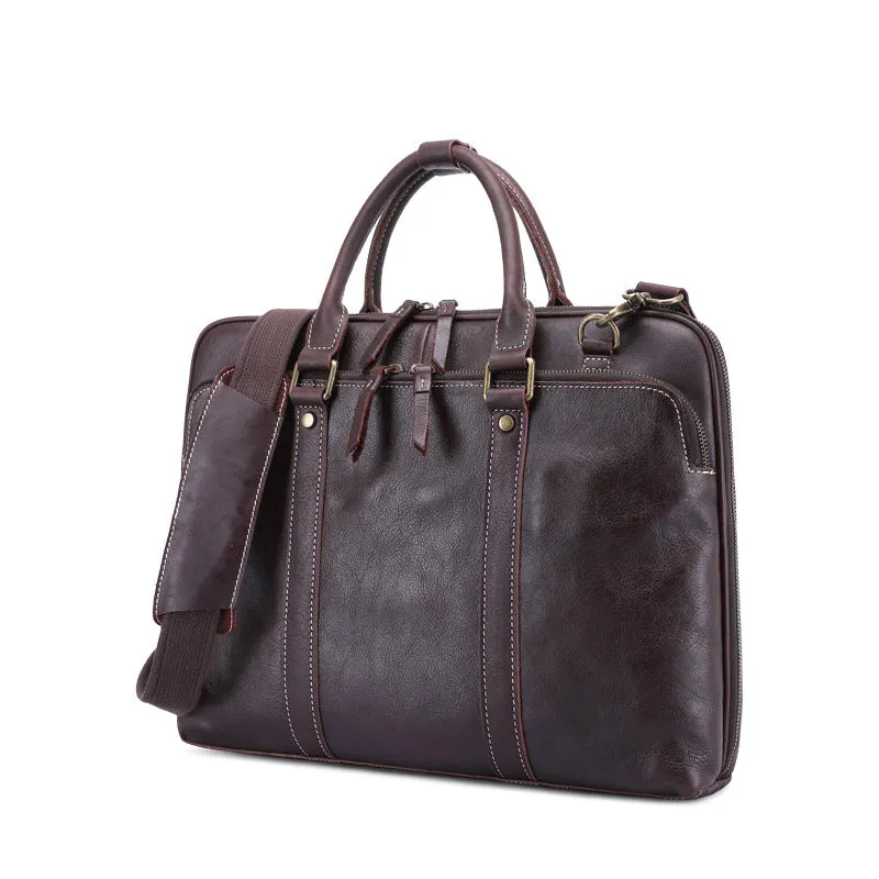 Men's Vintage Genuine Leather Two-Way Zipper Laptop Briefcase