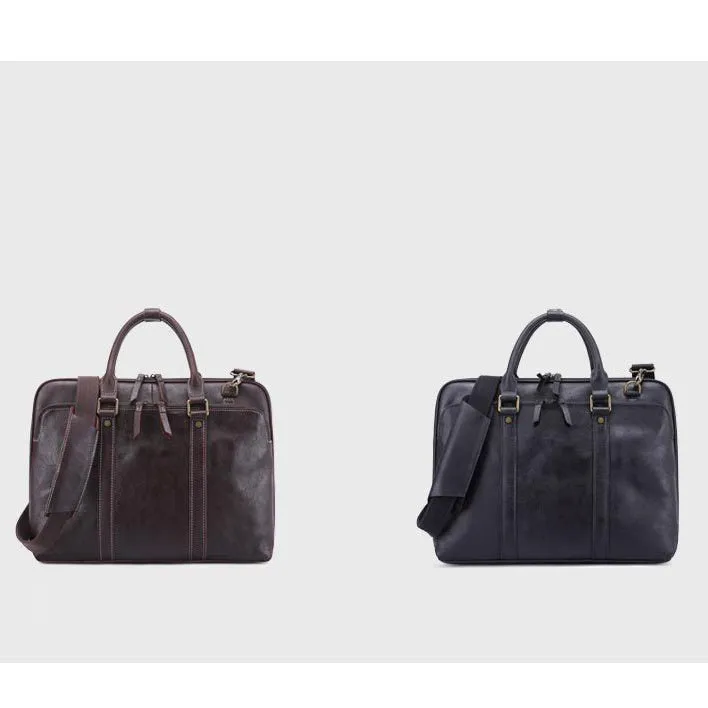 Men's Vintage Genuine Leather Two-Way Zipper Laptop Briefcase
