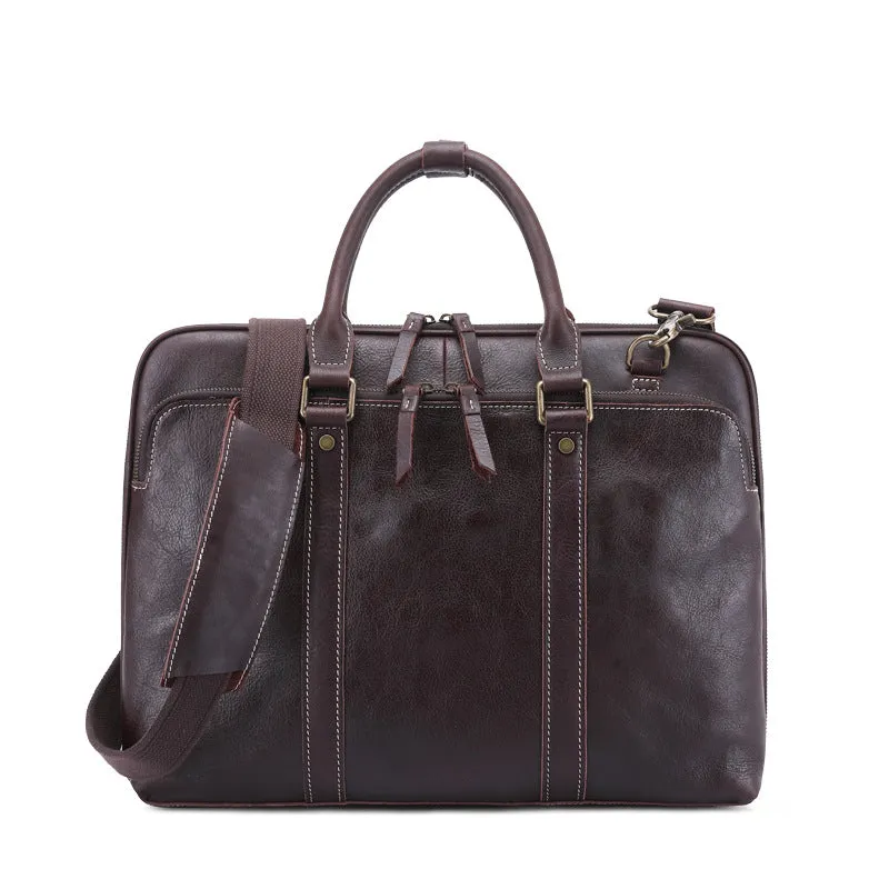Men's Vintage Genuine Leather Two-Way Zipper Laptop Briefcase
