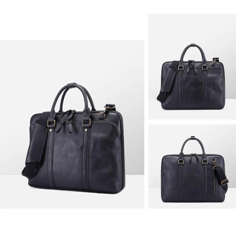Men's Vintage Genuine Leather Two-Way Zipper Laptop Briefcase