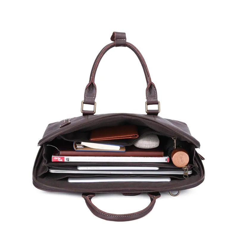 Men's Vintage Genuine Leather Two-Way Zipper Laptop Briefcase