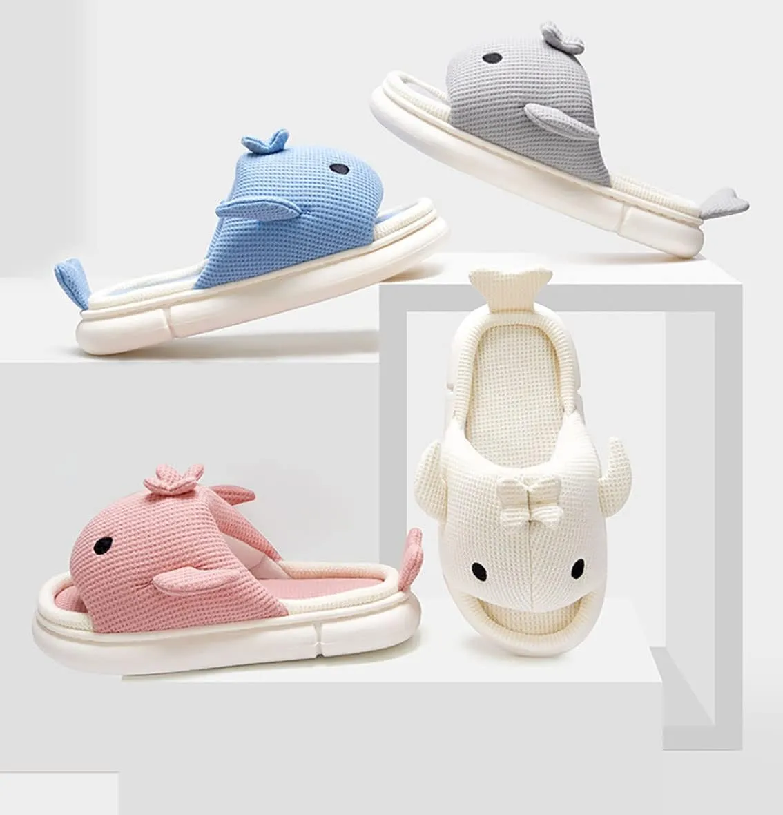 Men's Women's Linen Thick-Soled Cow Slippers, Linen Shark Slippers, Rabbit Linen Slippers, Linen Whale Thick-Soled Slippers Cloud Slide Hug Pillow Sandals