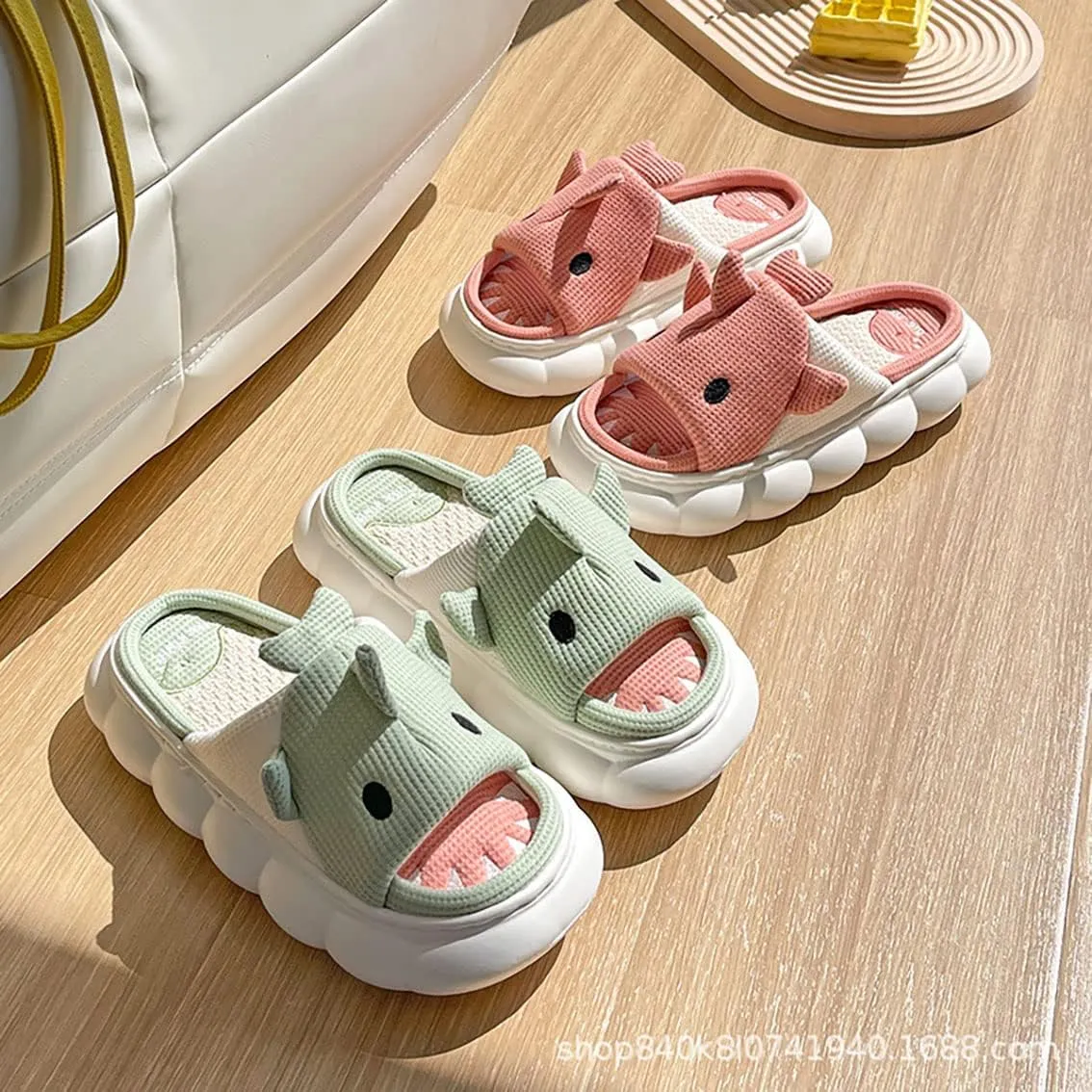 Men's Women's Linen Thick-Soled Cow Slippers, Linen Shark Slippers, Rabbit Linen Slippers, Linen Whale Thick-Soled Slippers Cloud Slide Hug Pillow Sandals