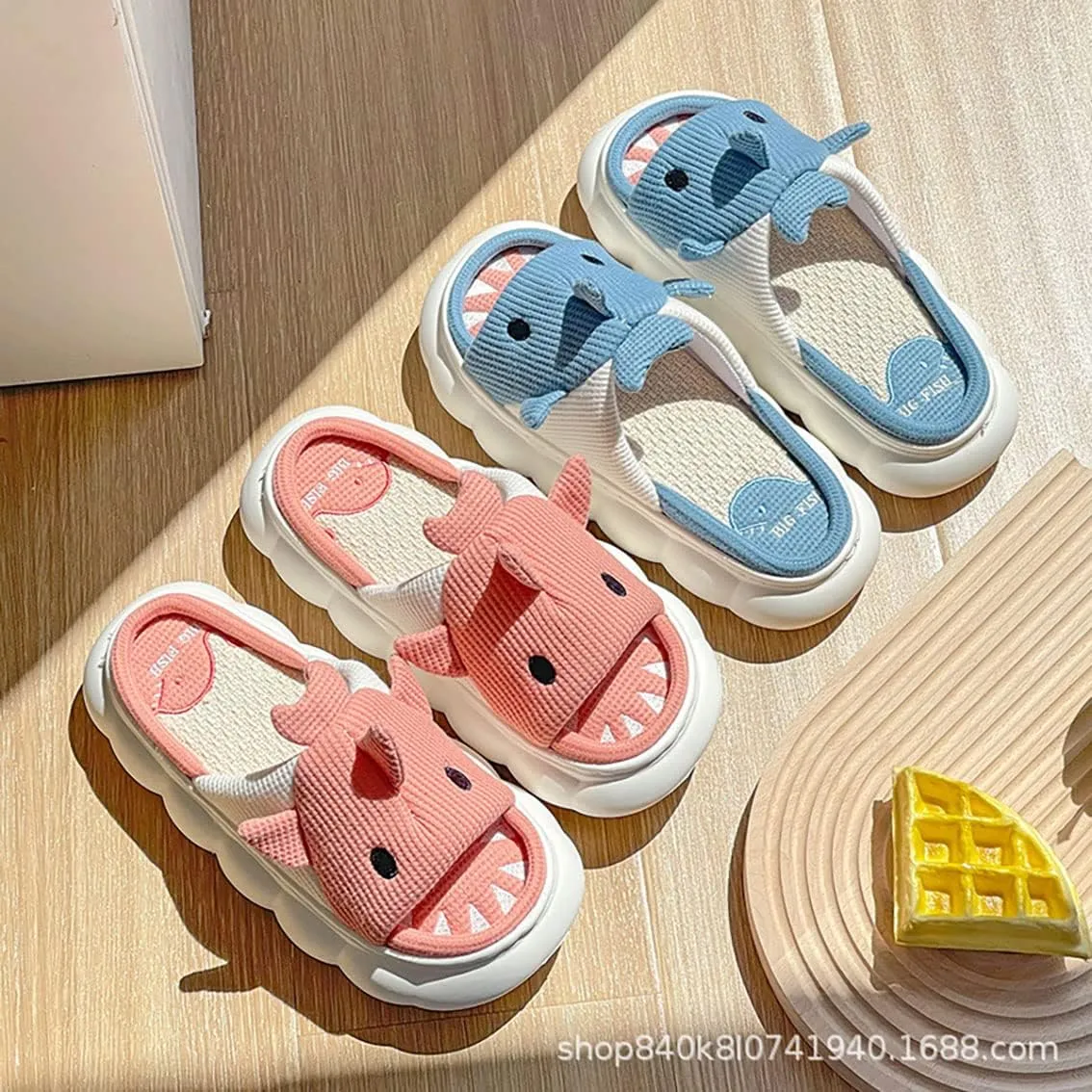 Men's Women's Linen Thick-Soled Cow Slippers, Linen Shark Slippers, Rabbit Linen Slippers, Linen Whale Thick-Soled Slippers Cloud Slide Hug Pillow Sandals