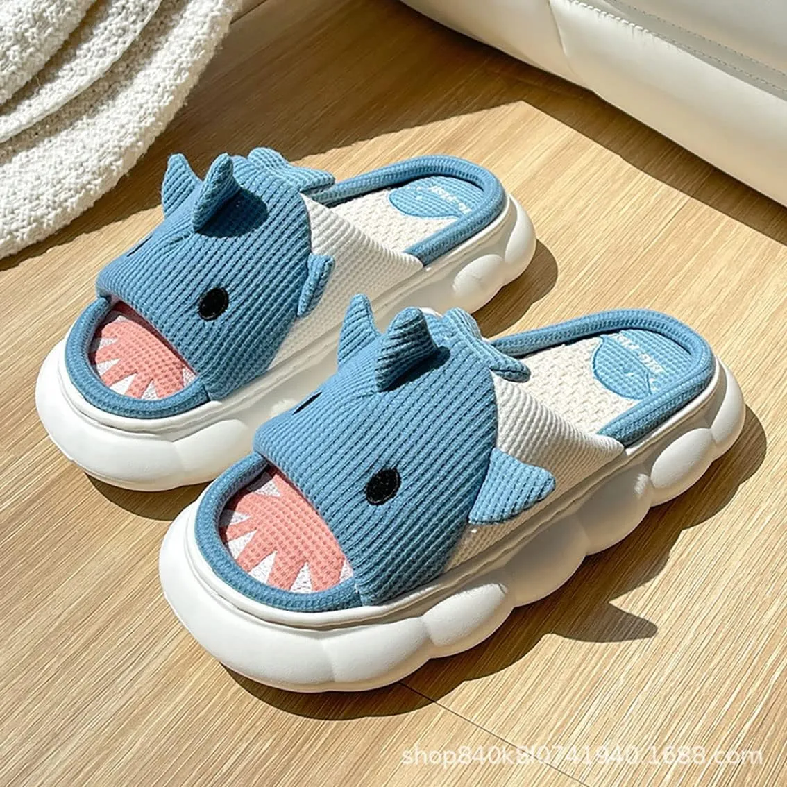 Men's Women's Linen Thick-Soled Cow Slippers, Linen Shark Slippers, Rabbit Linen Slippers, Linen Whale Thick-Soled Slippers Cloud Slide Hug Pillow Sandals