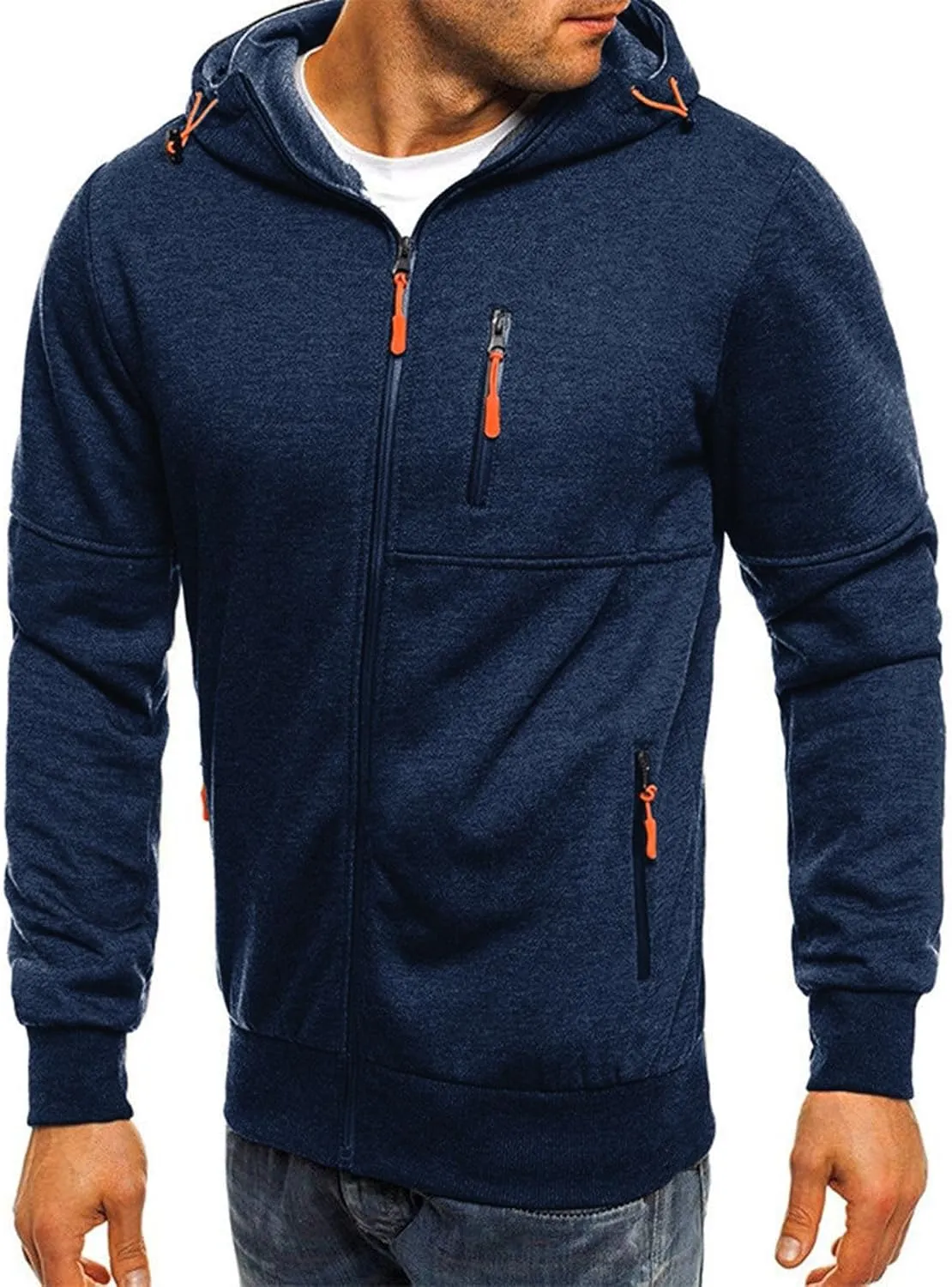 Men's Zip Up Fleece Hoodie Lightweight Sweatshirt Long Sleeve Sports Hooded Jacket with Zipper Pockets