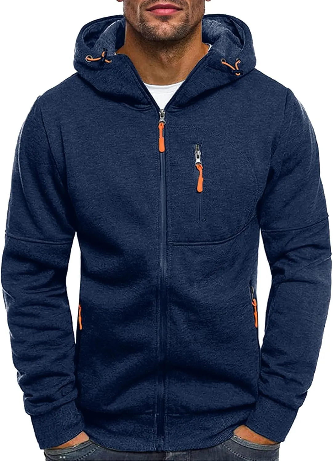 Men's Zip Up Fleece Hoodie Lightweight Sweatshirt Long Sleeve Sports Hooded Jacket with Zipper Pockets